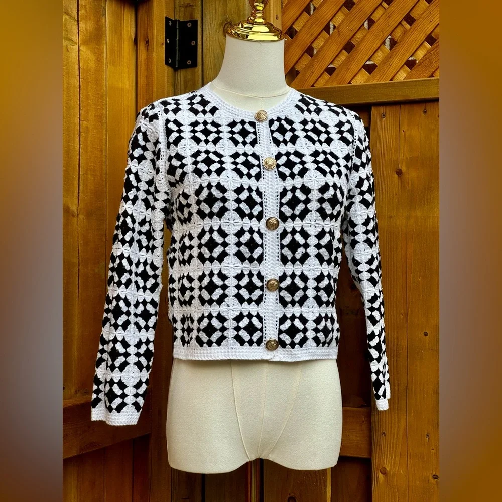 🆕 FARM Rio 🧿 NWT Patch Crochet Black & White Monochrome Button Up Jacket, Sz S - Picture 4 of 16